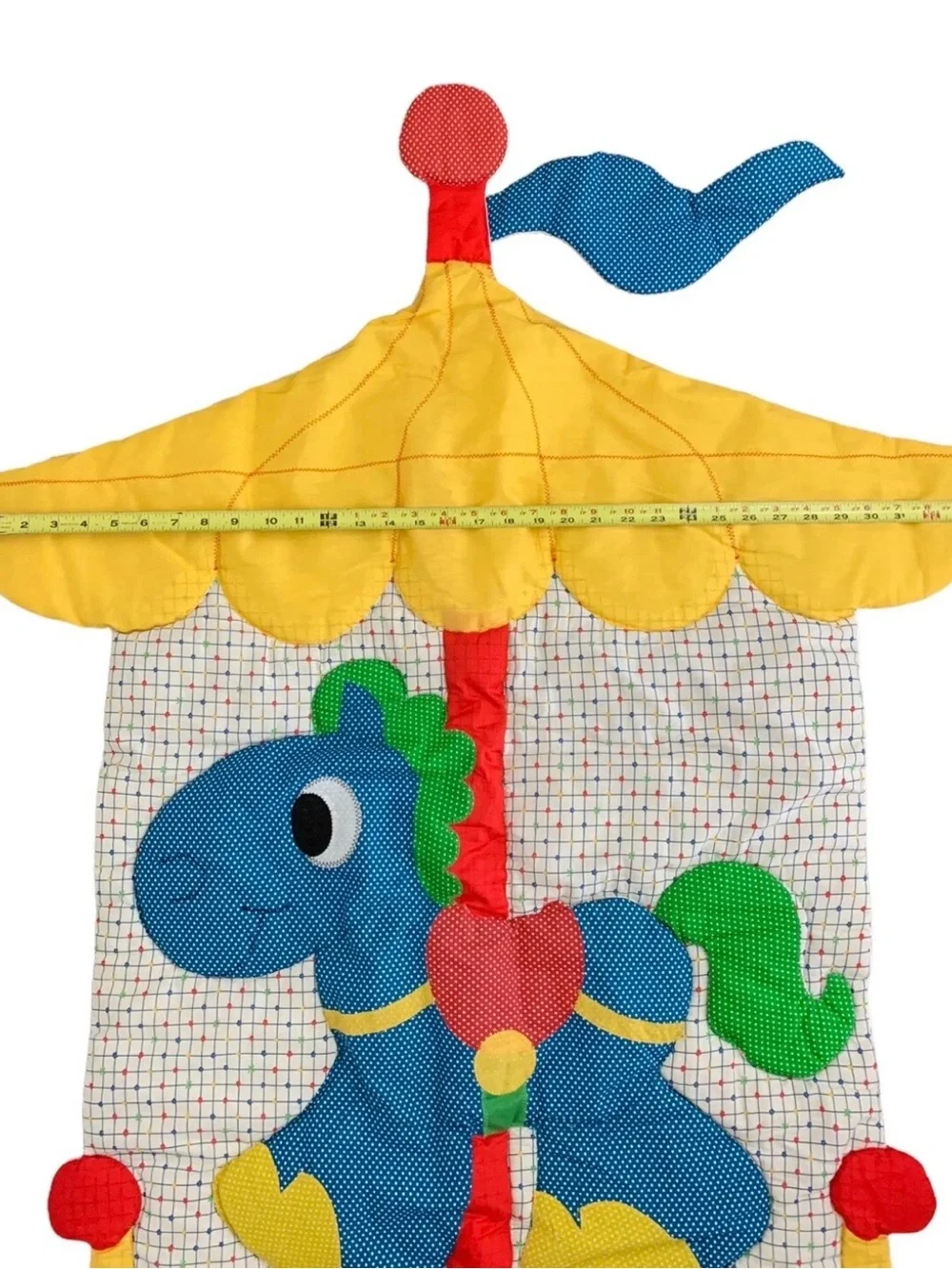VTG Quilted Nursery Wall Hanging Carousel Horse Primary Colors Baby Decor 48x33